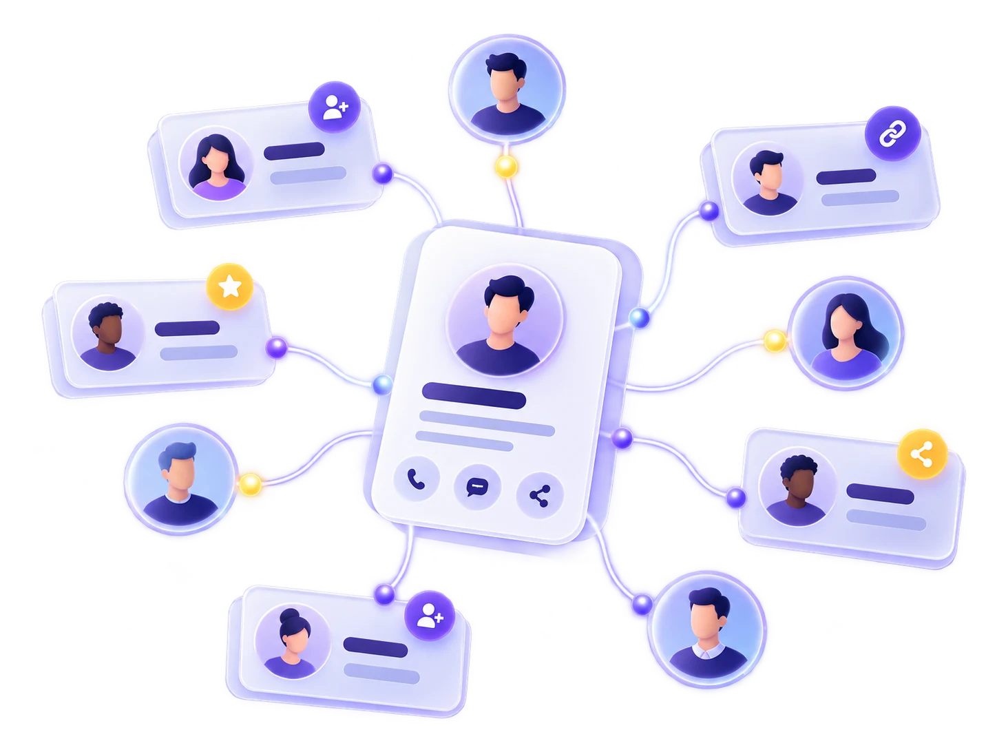 Réseau de contacts bloo.Cards : une carte centrale reliée à de nombreuses fiches de contact